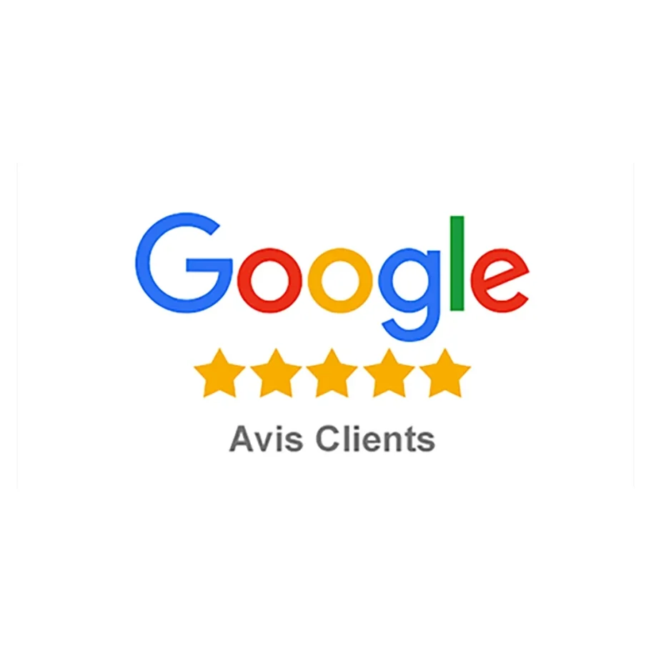 Google Avis Logo de Google avec cinq étoiles dorées et le texte "Avis Clients".