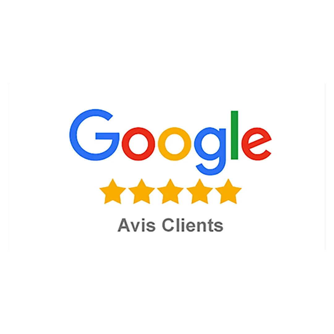 Logo de Google avec cinq étoiles dorées et le texte "Avis Clients".